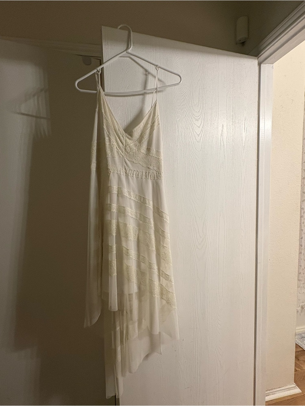 BCBGMaxAzria Cream Lace-Trim Asymmetrical Slip Dress